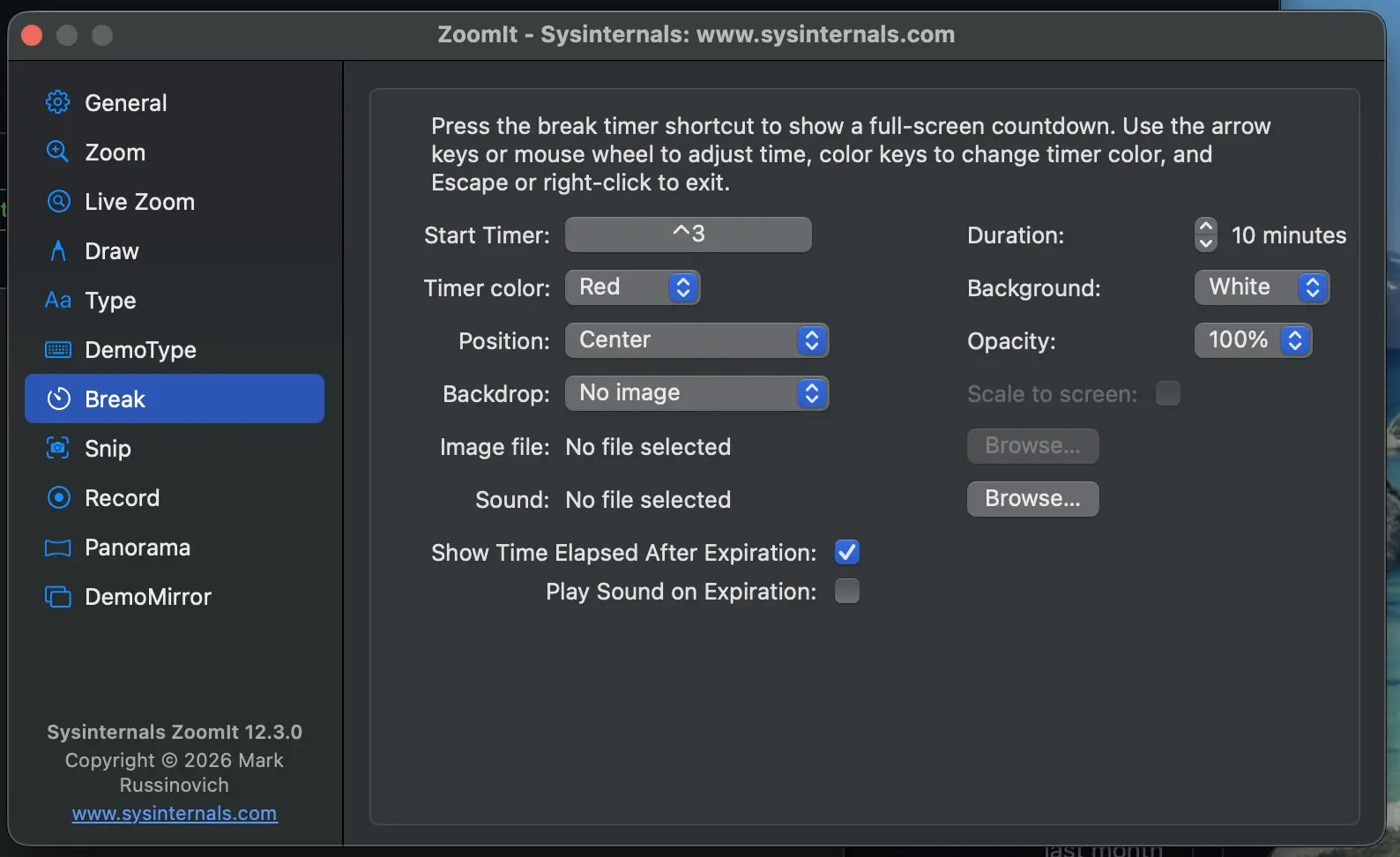 ZoomIt break timer settings on macOS