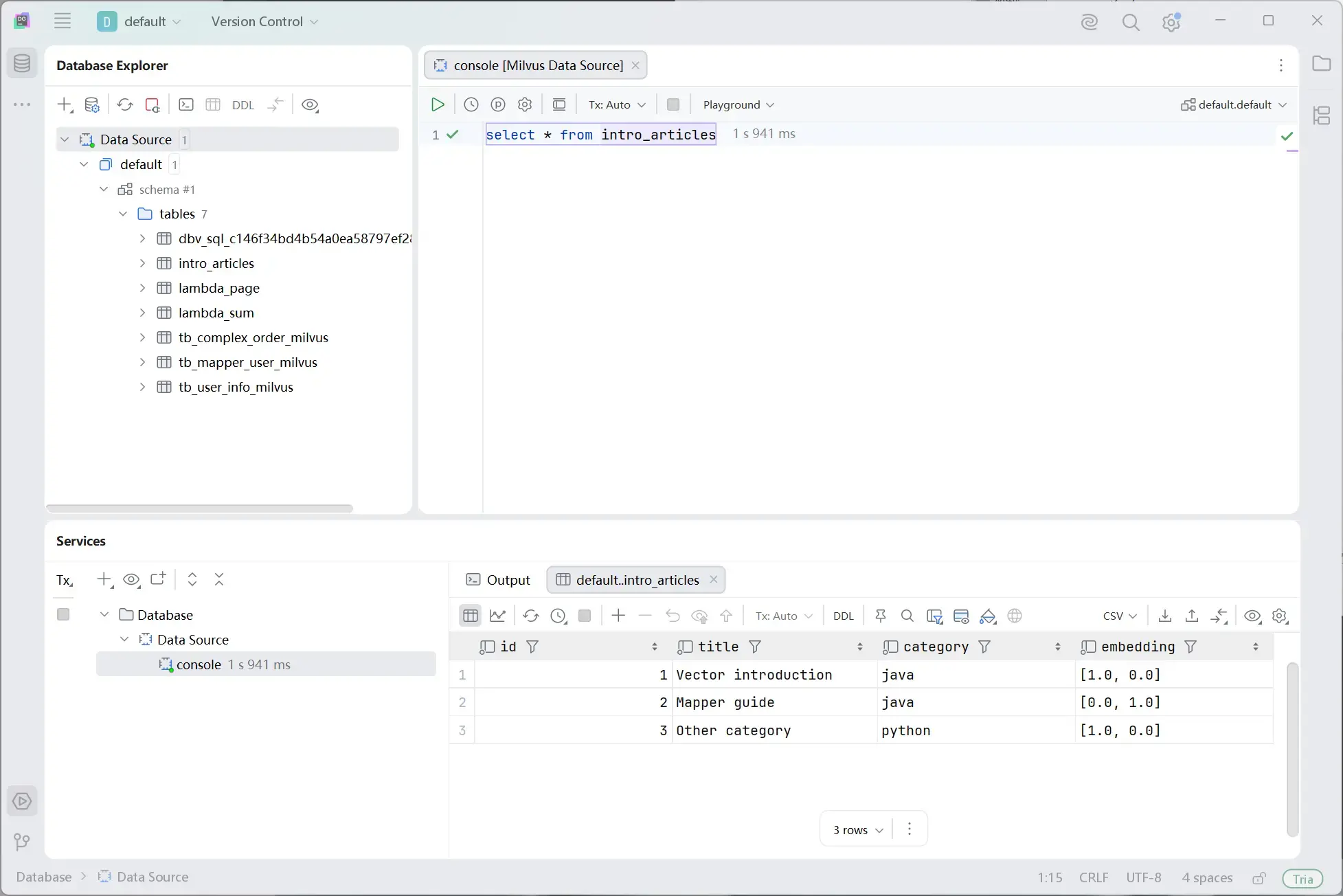 DataGrip 中查询 Milvus 集合并查看结果