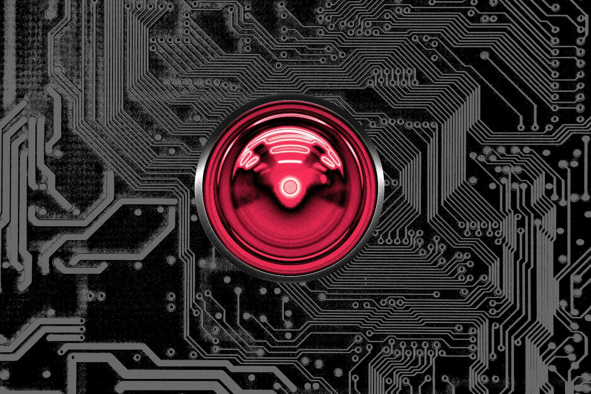 A digital illustration of a black circuit board and a red lens.