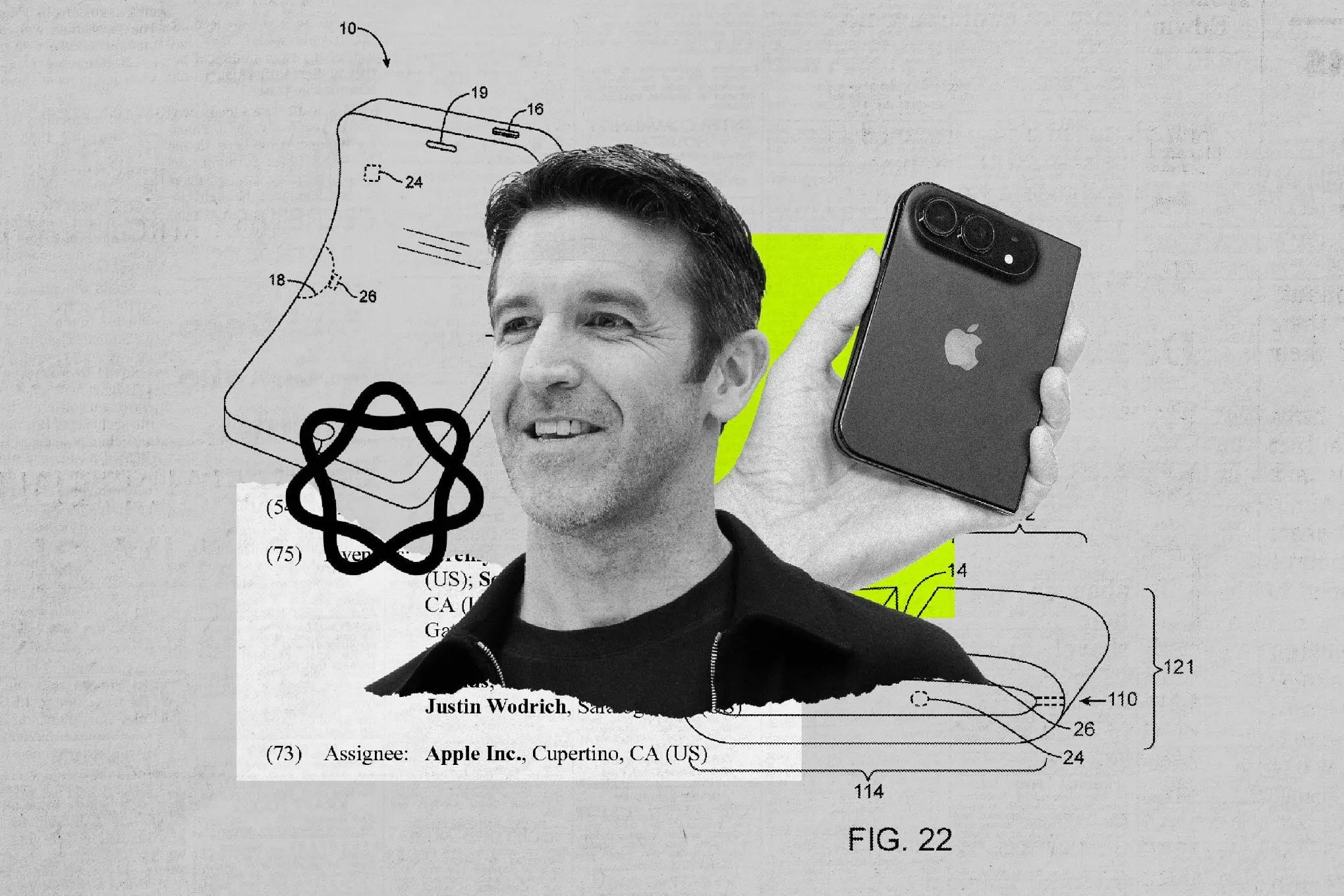 A stylized illustration of Apple CEO John Ternus and various Apple logos and devices