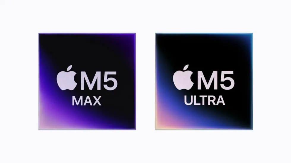 并排的两张示意图,分别代表 M5 Max 和 M5 Ultra 芯片。