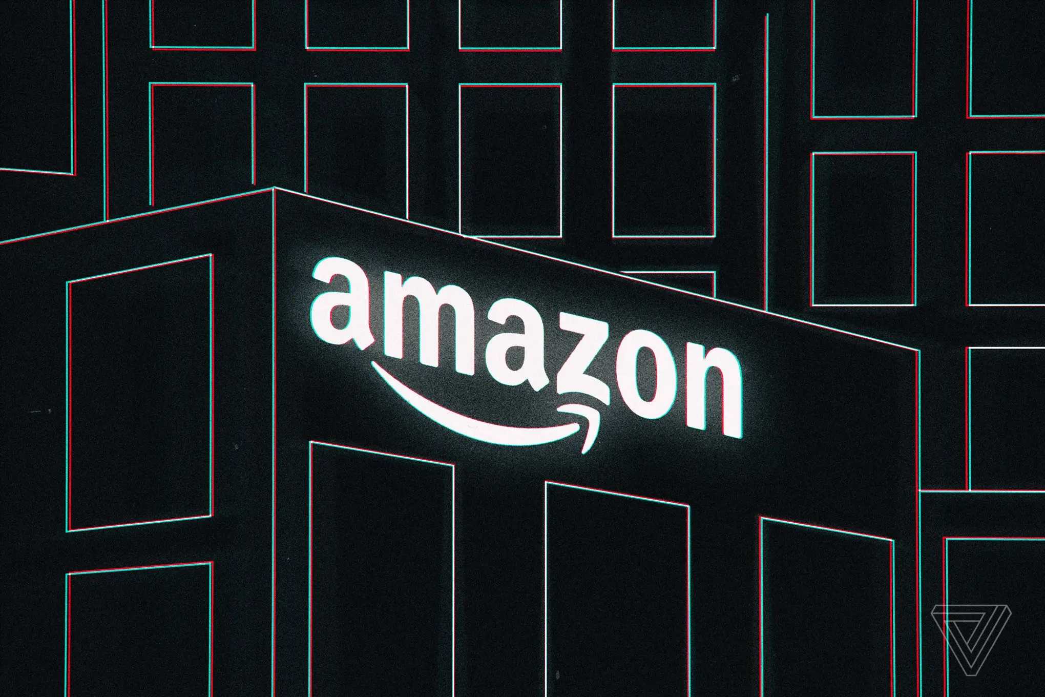 An illustration of the Amazon logo on the top of a building.