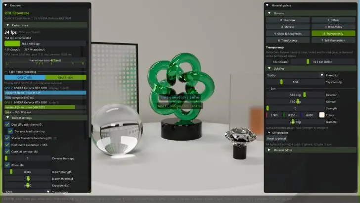 A 3D rendering setup with a performance overlay shows 'RTX Showcase' running on dual NVIDIA GeForce RTX 5090 GPUs at 34 fps, displaying materials including a reflective green sculpture and glass spheres on a table.