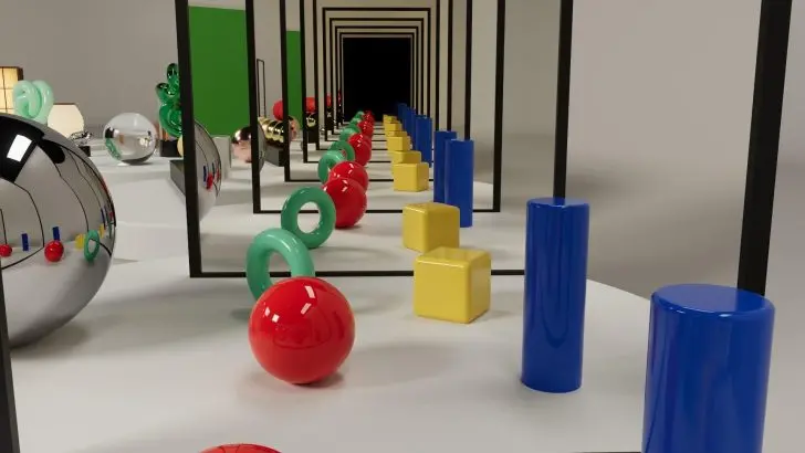 A geometric scene featuring reflective spheres, green and red rings, yellow cubes, and blue cylinders arranged in a mirrored corridor creating an illusion of infinite repetition.