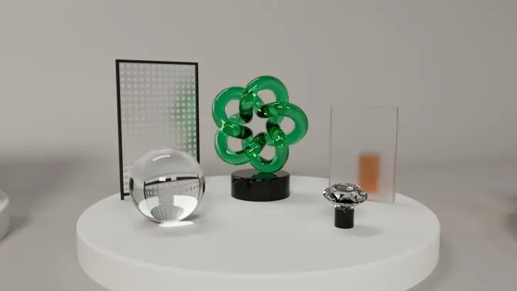 A 3D-rendered scene featuring a glass orb, a green geometric sculpture, and transparent panels, all set on a circular white platform.
