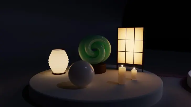 A scene featuring a green swirling sculpture, a spherical object, a lantern, two lit candles, and a shoji-style screen on a circular platform.