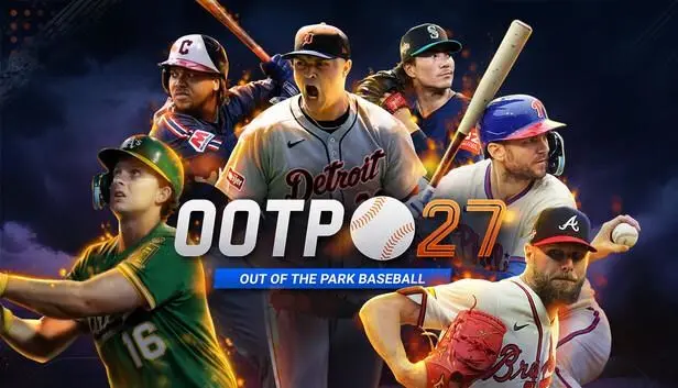 Cover of Out of the Park Baseball 27 showing a bunch of players collaged behind the logo.