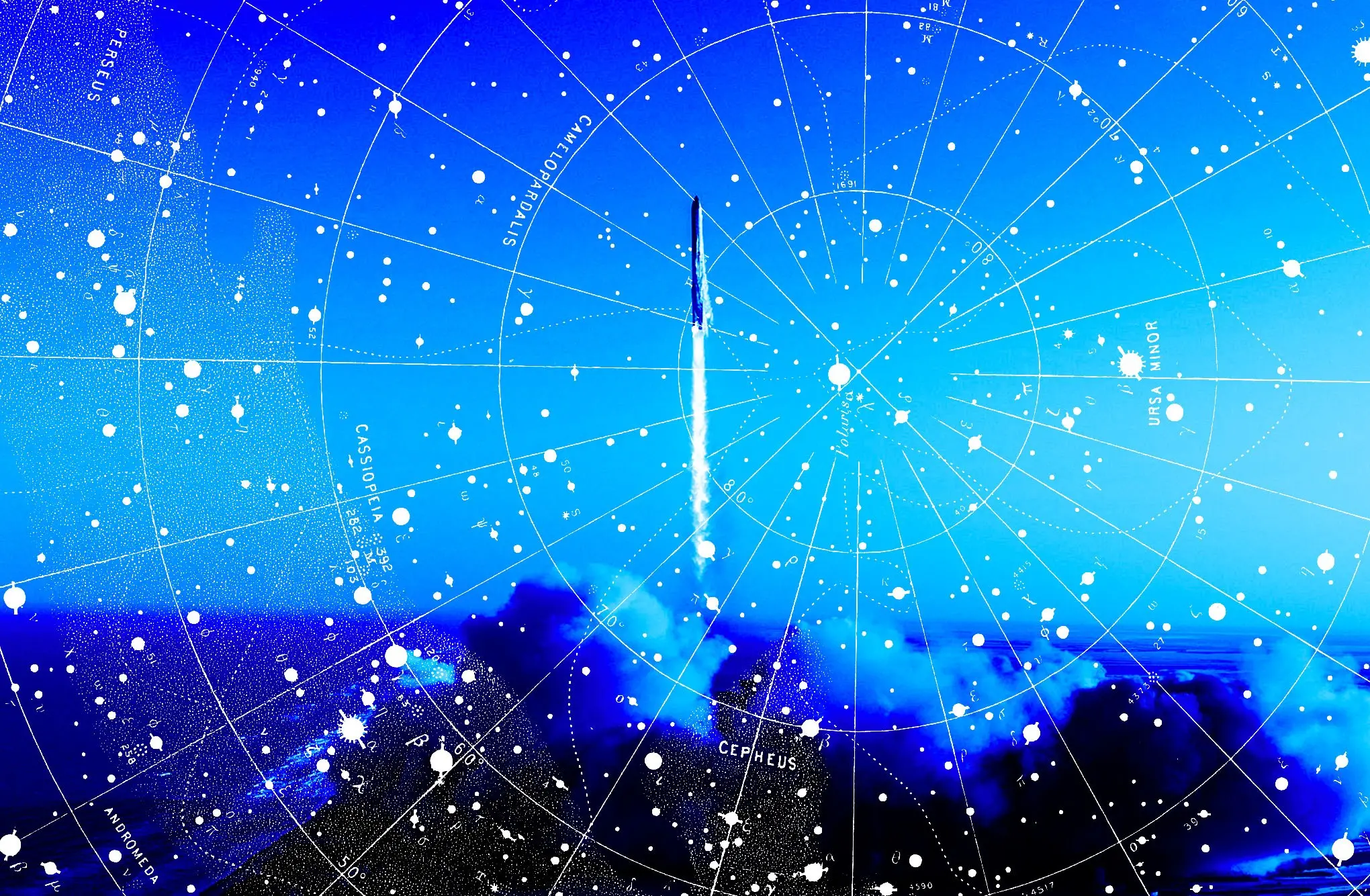 Rocket launching with graphic of constellations.