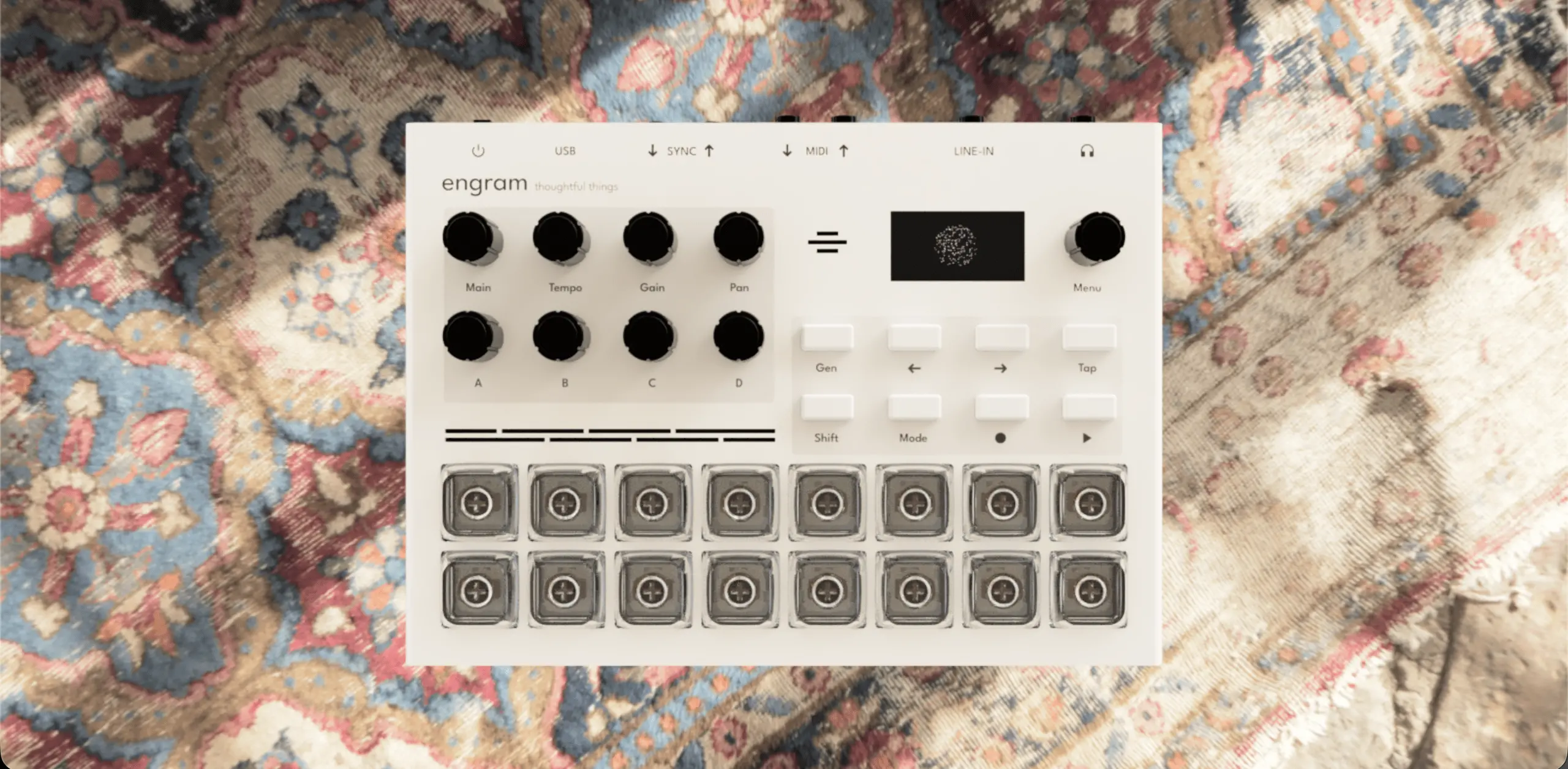Engram - an instrument with 16 pads, 8 knobs, a few buttons and all the usual nonsense on a rug.
