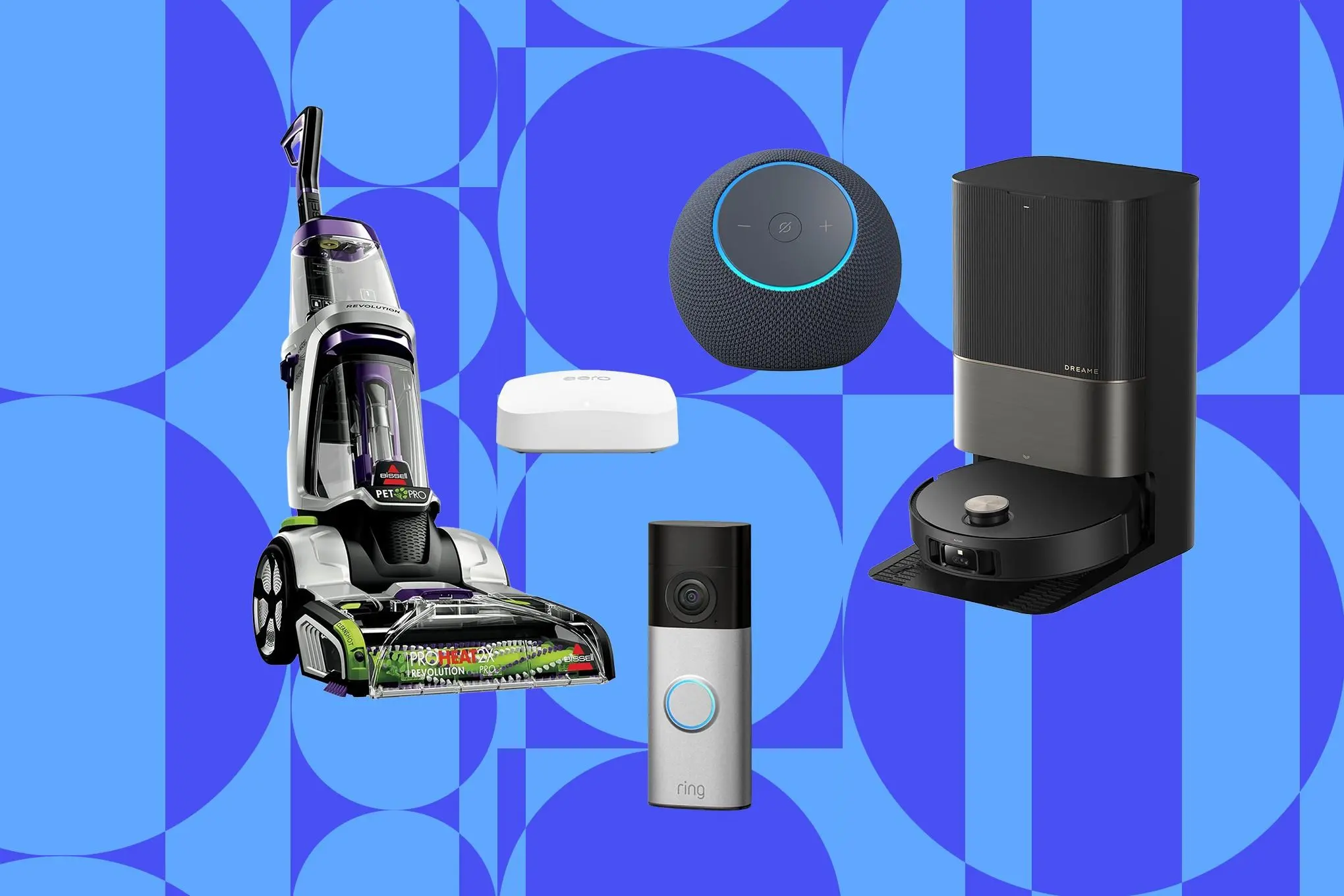 An image collage containing products including the Bissell Revolution 2X Pet carpet cleaner, the Ring Doorbell battery 2k, Eero’s Pro 6E, the Amazon Echo Dot Max, and the Dreame X50 Ultra.