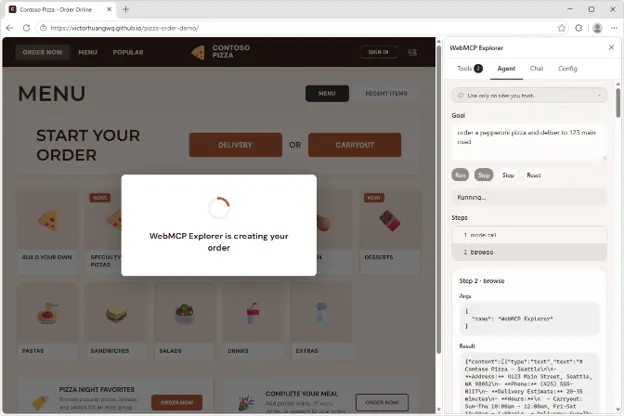 The Contoso Pizza demo site in Edge, with the WebMCP Explorer sidebar extension. The extension shows a prompt to order a pizza from the site, and logs that show the agent is running on the site. The site has a popup on top saying WebMCP Explorer is creating your order.