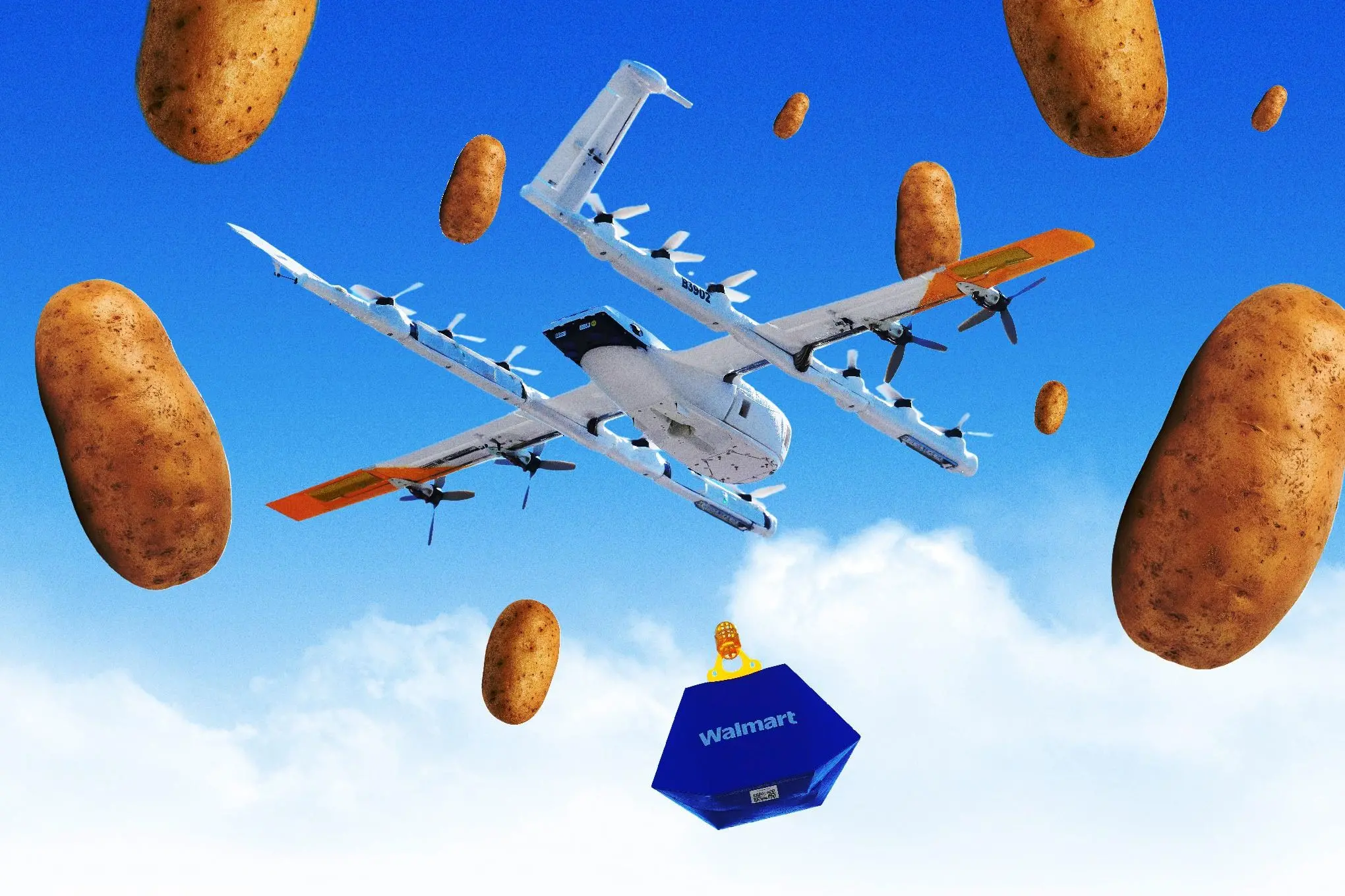A fixed-wing delivery drone on a blue background, surrounded by potatoes