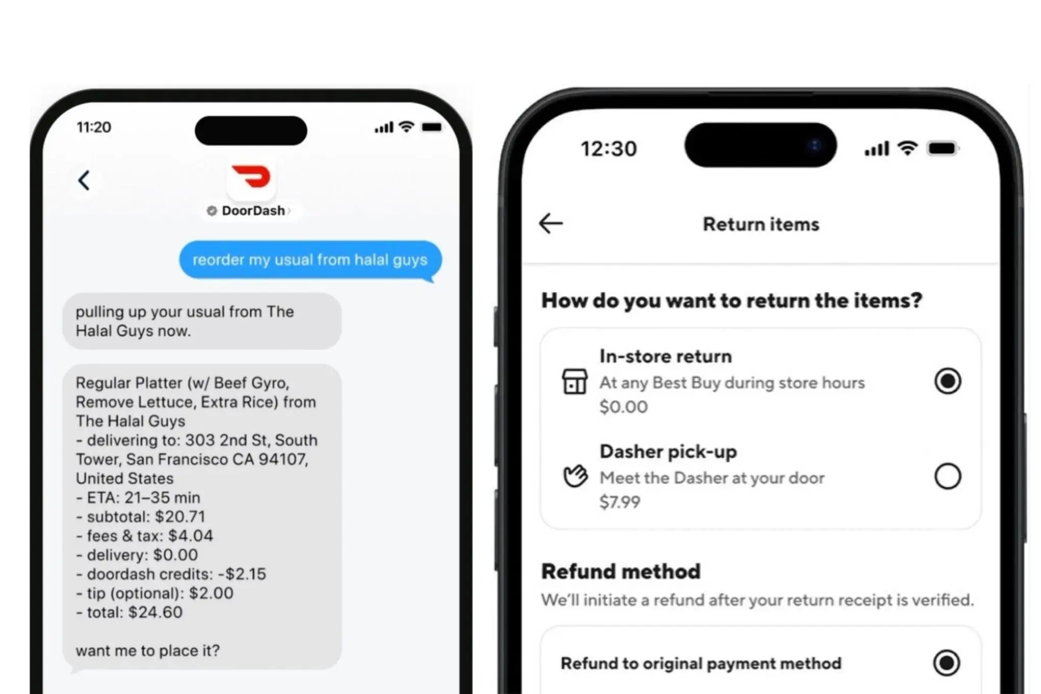 Two mobile screenshots showing DoorDash text ordering and courier returns features.