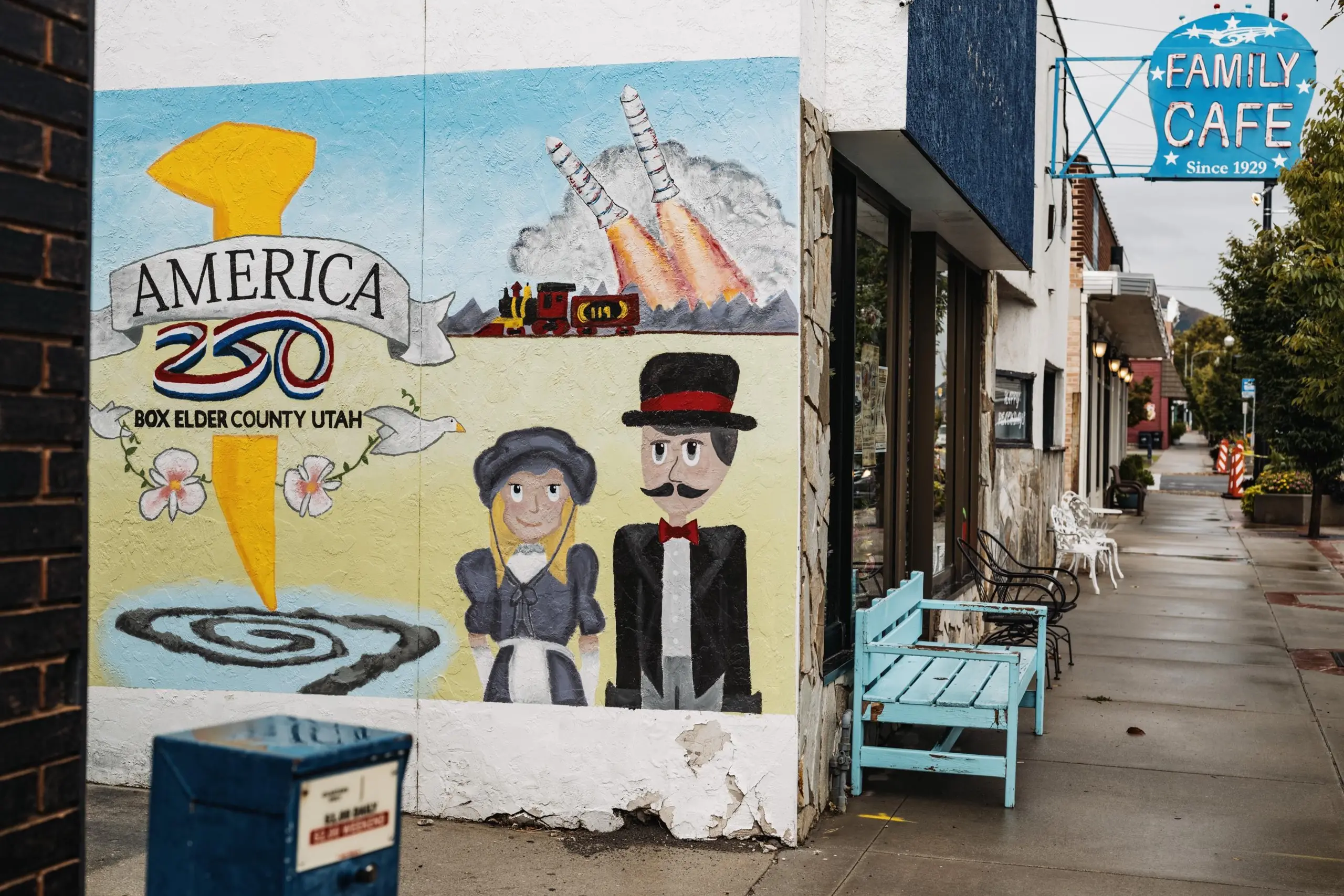 An America 250 mural painted on the side of a building in Brigham City.