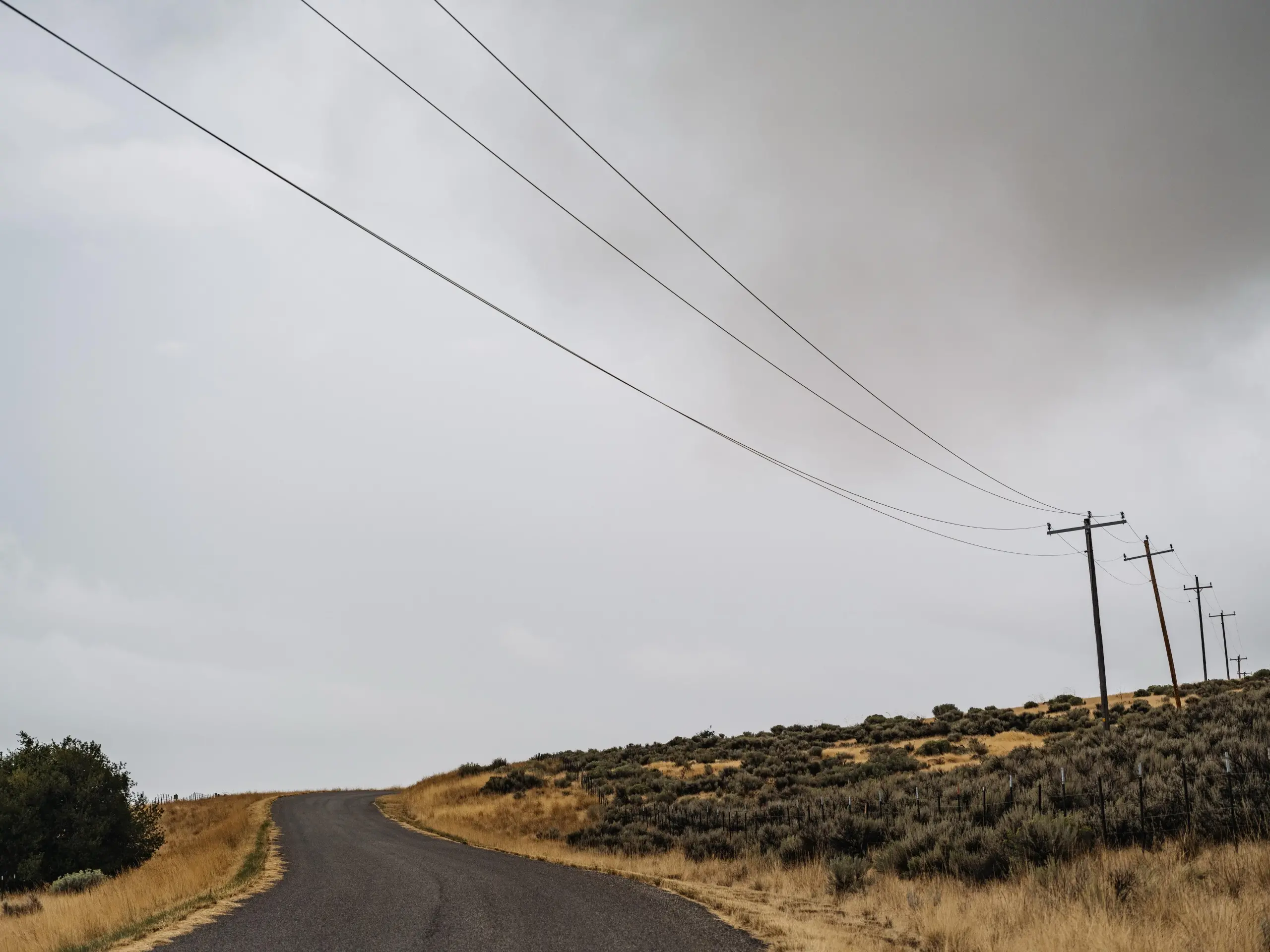 Scene of a rural road with overlapping power lines.