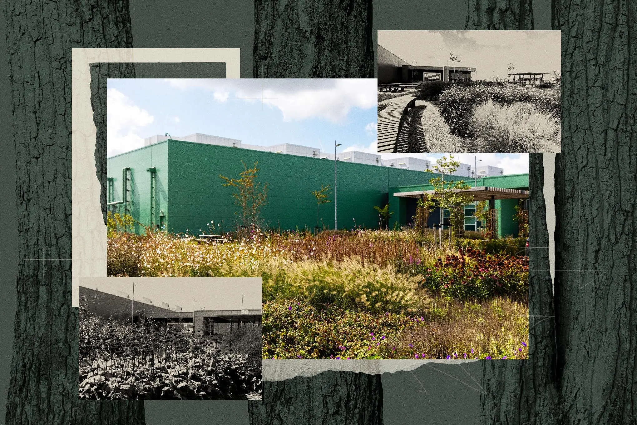 Art depicts a data center surrounded by greenery.