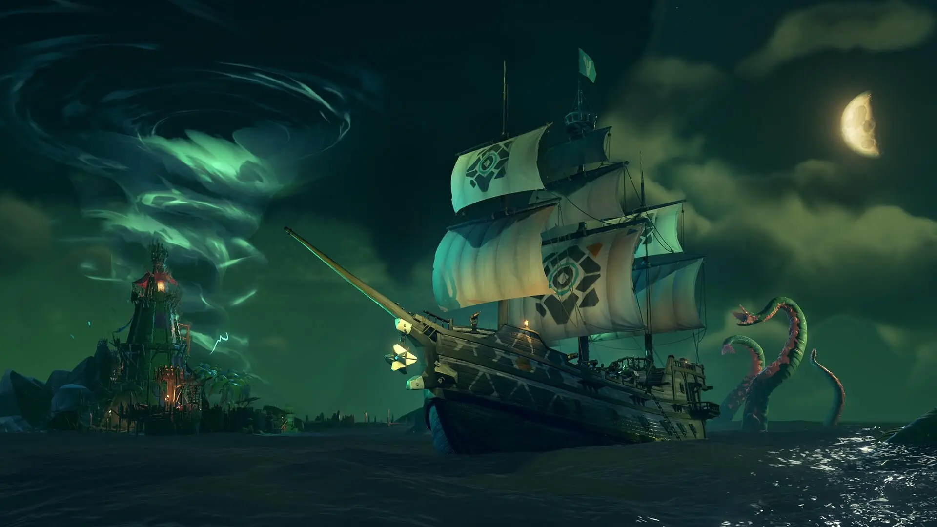 Pirate ship with black sails under green night sky fortress glowing sea monster tentacles rising nearby