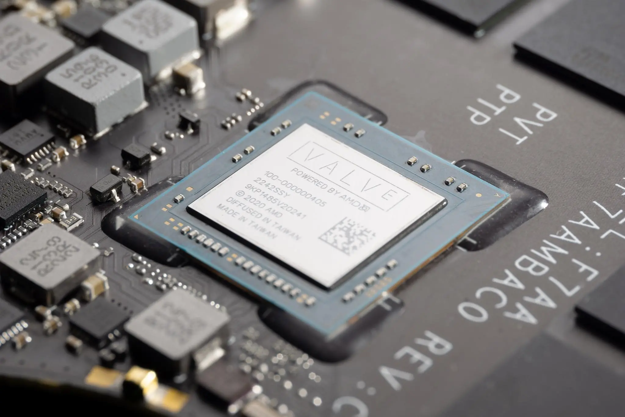 The Steam Deck’s original APU, shiny and crisp on the Steam Deck’s motherboard.