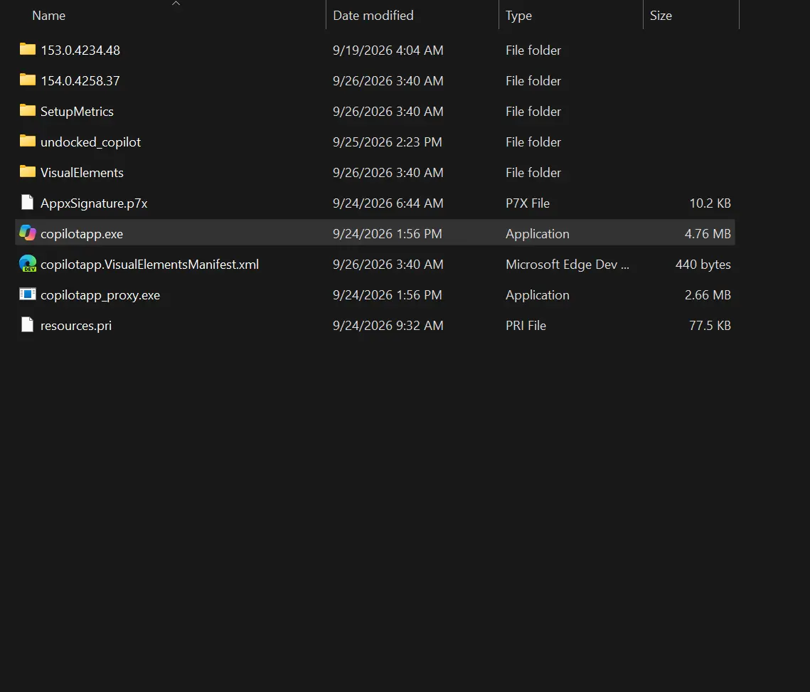 Copilot's installation folder shows a lightweight copilotapp.exe launcher alongside versioned components.