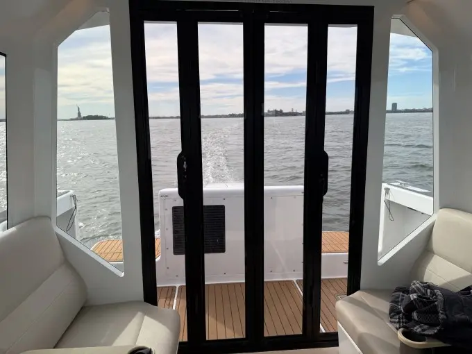 A view from inside a hydrofoil ferry underway.