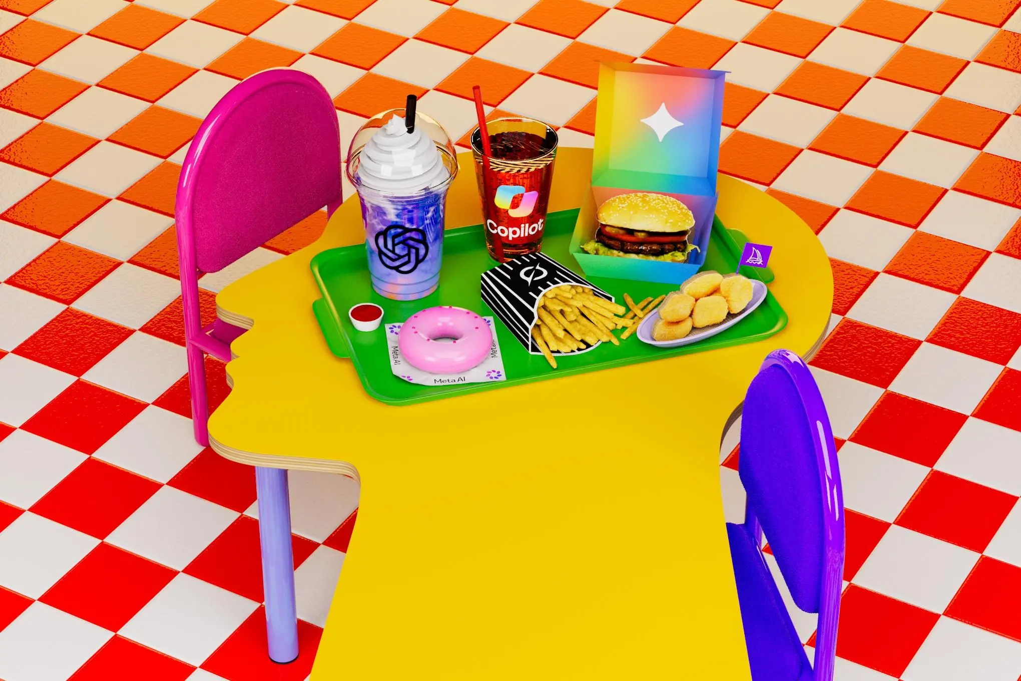 3D illustration of a tray of junk food featuring the logos of various AI companies.
