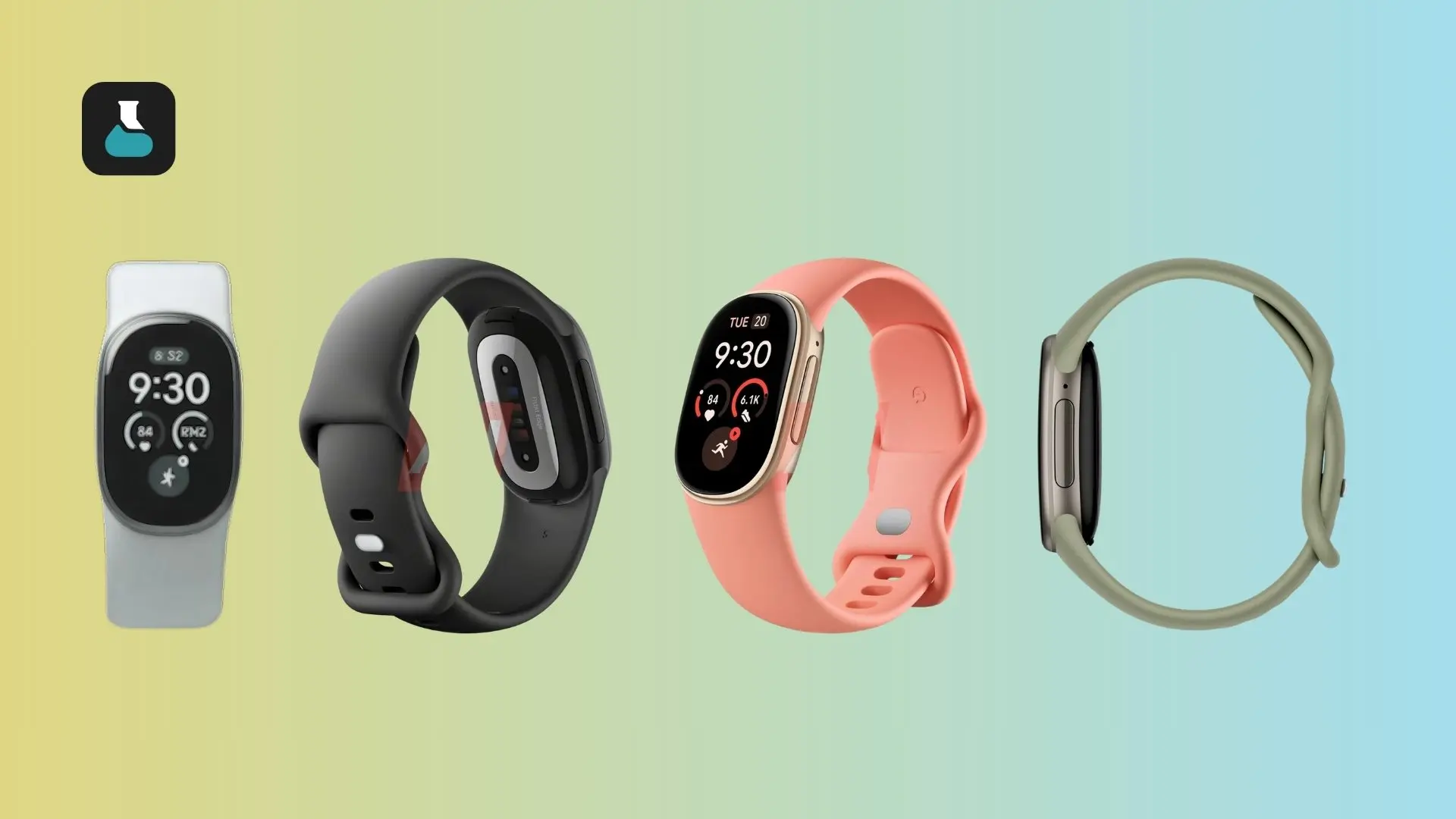 Coloris bientôt disponibles pour le Fitbit Edge, avec de gauche à droite : Fog & Polished Silver, Obsidian & Matte Black, Canyon & Champagne Gold et Olive & Satin Pyrite.