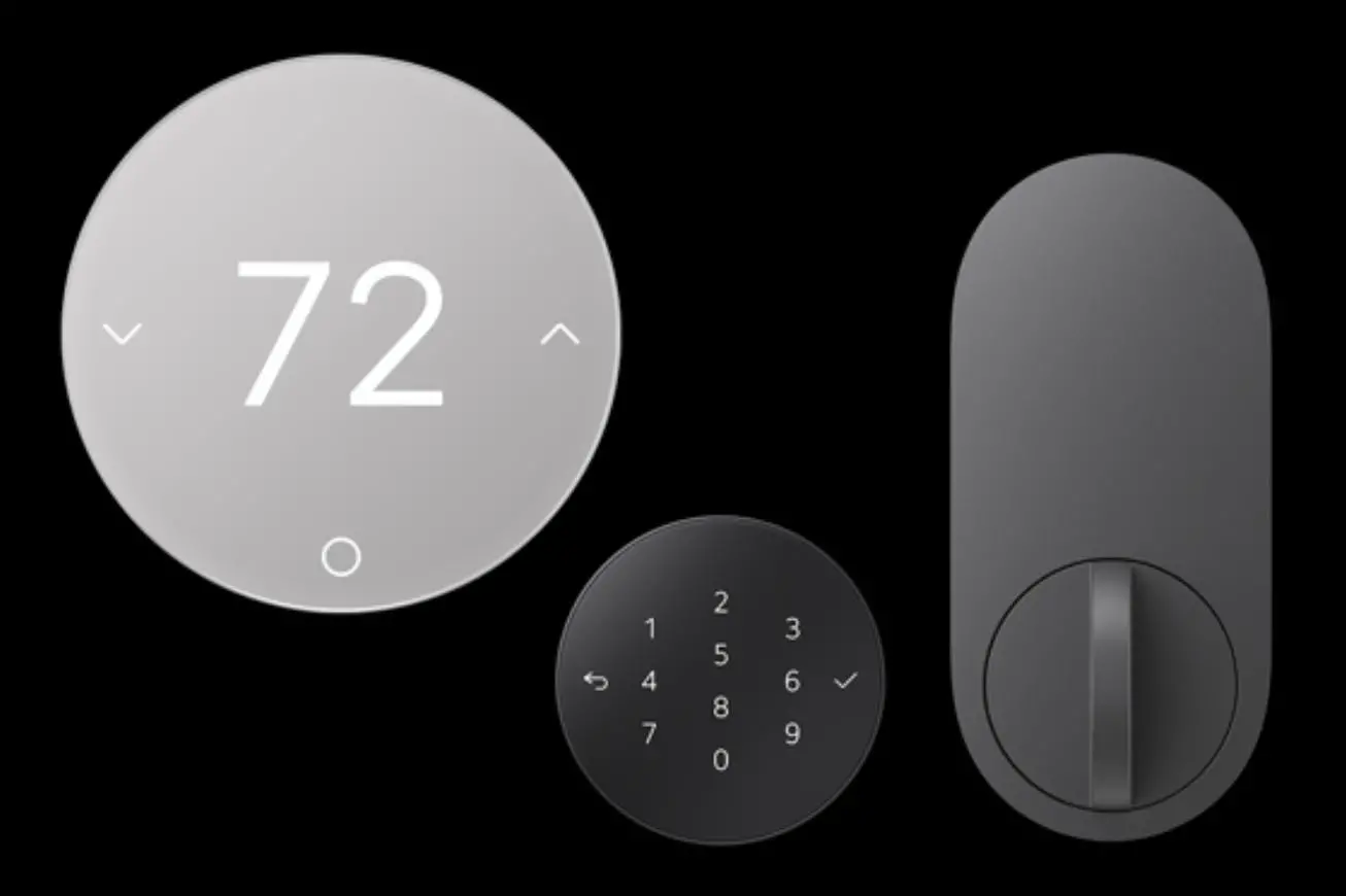 Renders of a smart deadbolt lock and thermostat by LG for Apple.