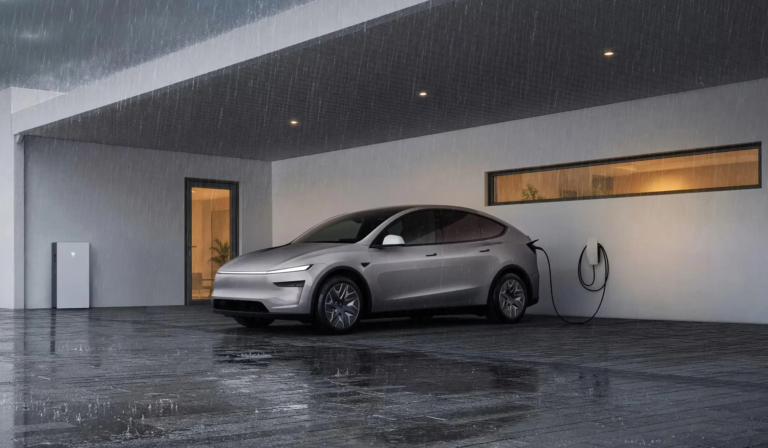 A promotional image of a Tesla plugged in at a home
