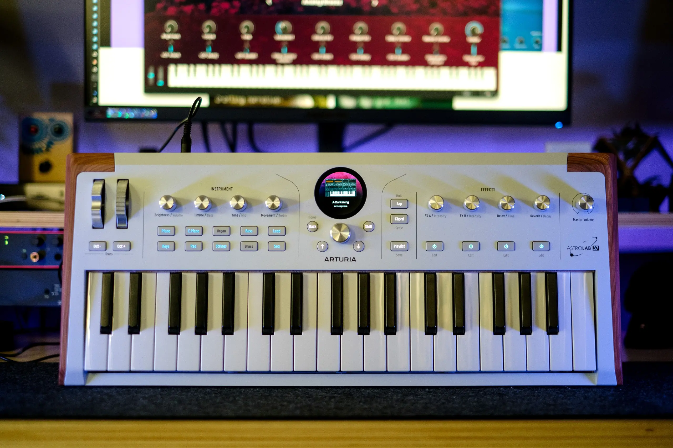 Arturia AstroLab 37 propped up on a desk.
