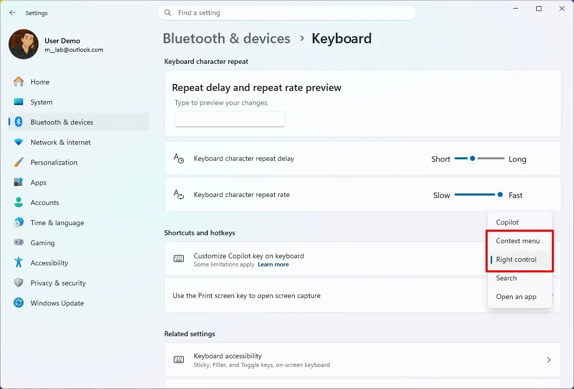 Settings app on the Keyboard page showing the new Copilot key options.