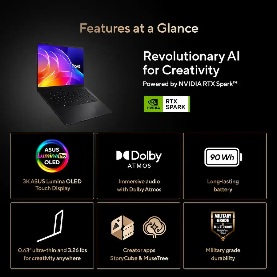 Features at a Glance- Revolutionary AI for Creativity™ Powered by NVIDIA RTX Spark™- ASUS Lumina Pro OLED- 3K ASUS Lumina OLED Touch Display- Dolby Atmos- Immersive audio with Dolby Atmos- 90 Wh Long-lasting battery- 0.63" ultra-thin and 3.26 lbs for creativity anywhere- Creator apps StoryCube & MuseTree- Military grade durability MIL-STD 810H