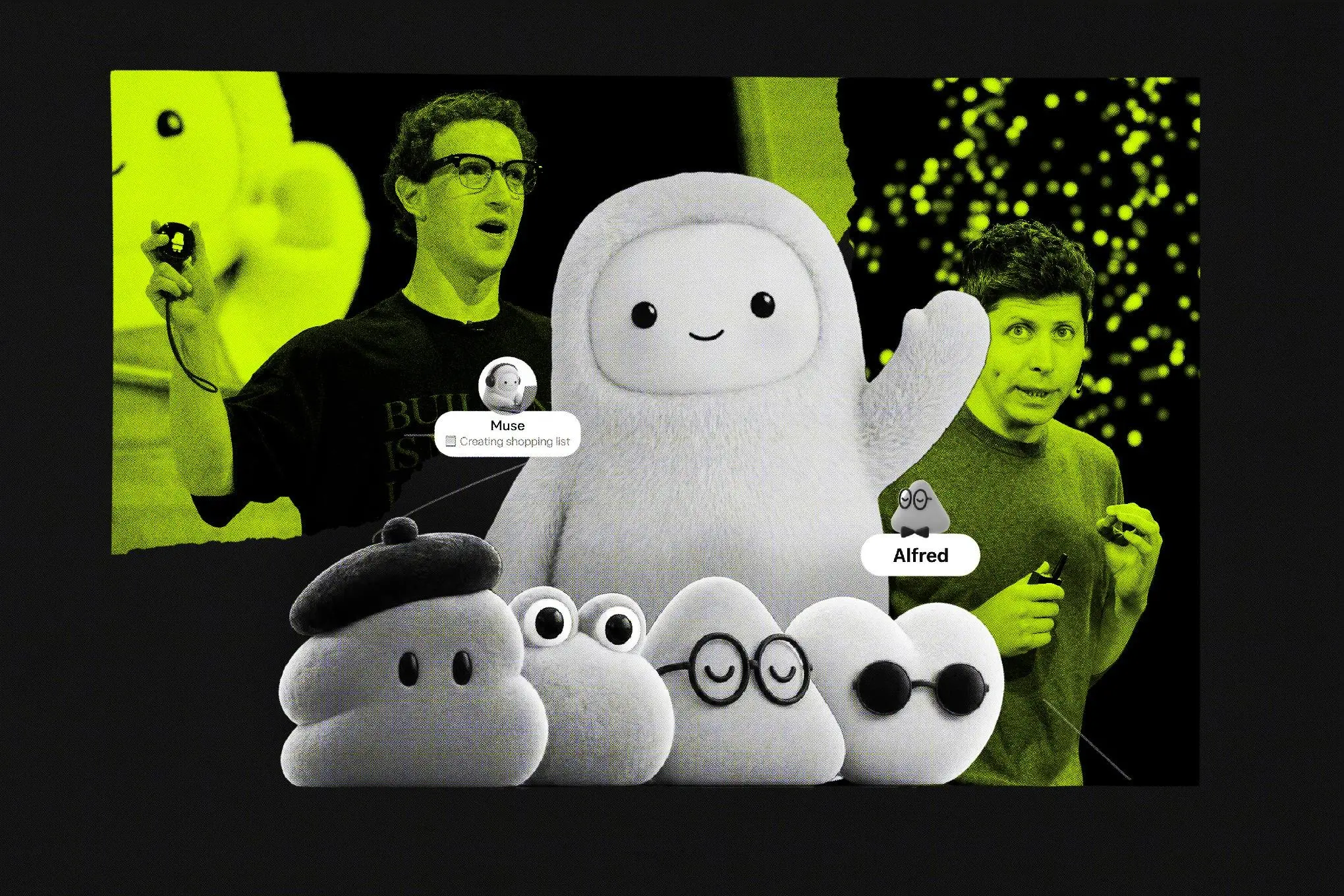 A stylized illustration of various AI mascots as well as CEOs Mark Zuckerberg and Sam Altman