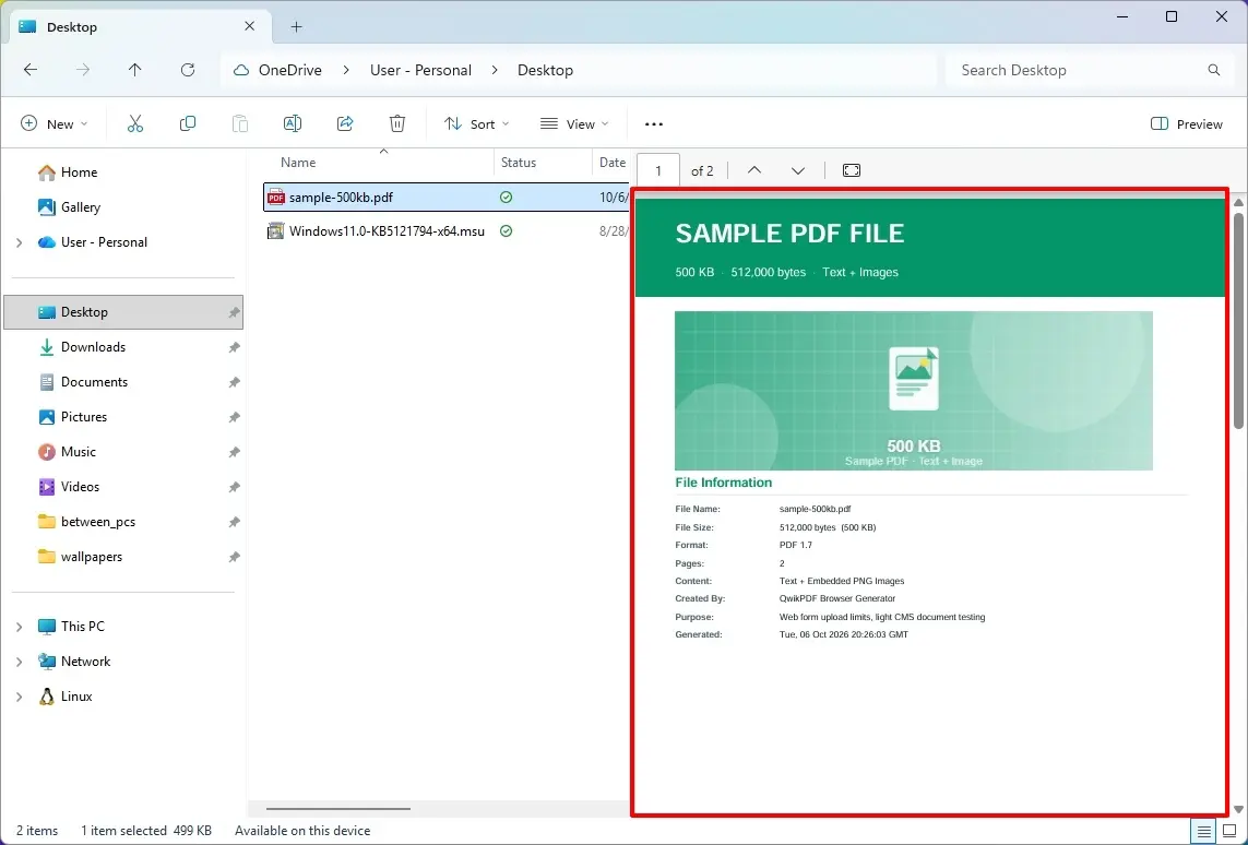 File Explorer with PDF file selected and showing preview.