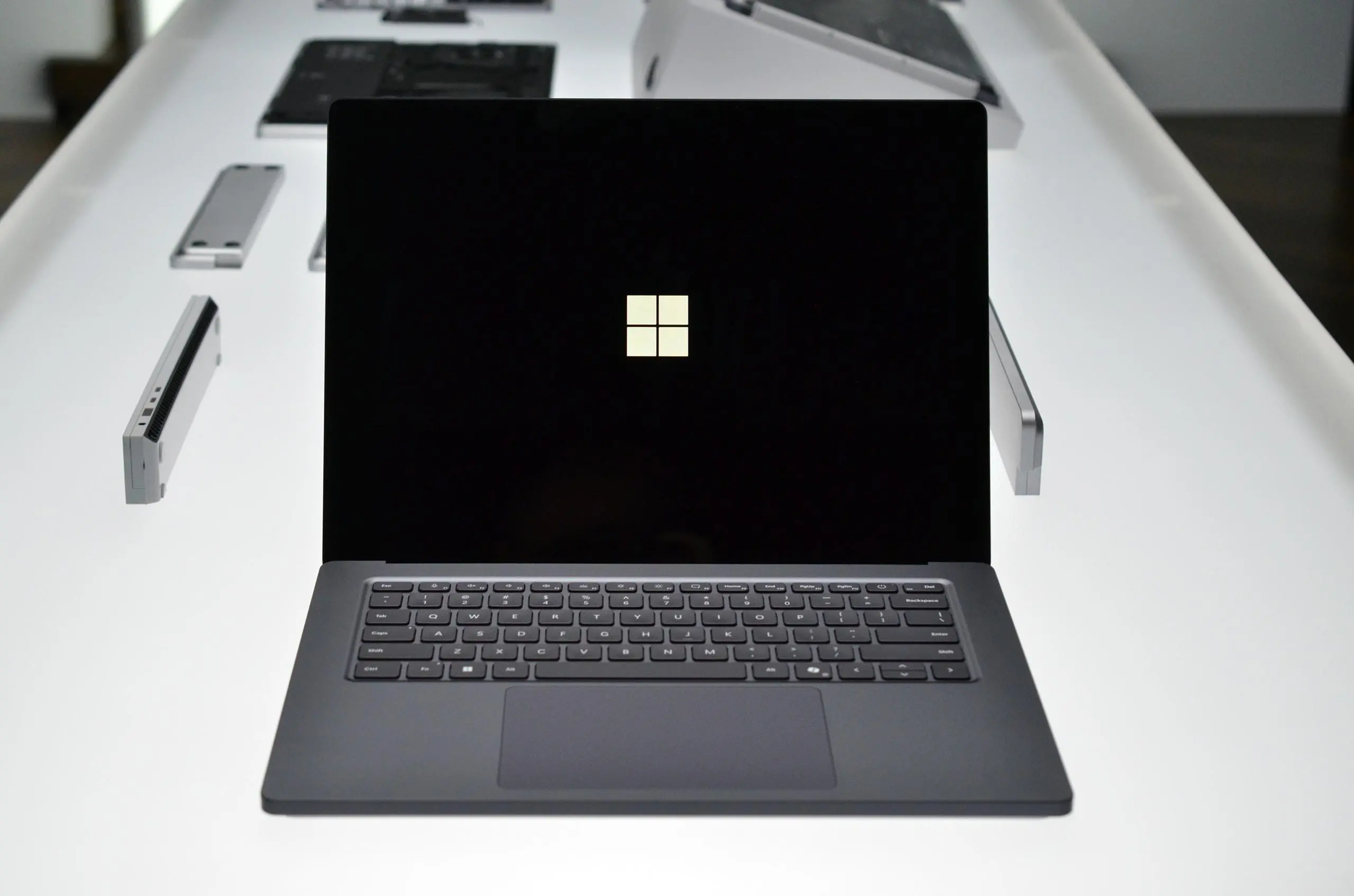 A Surface Laptop Ultra laptop on a white table.
