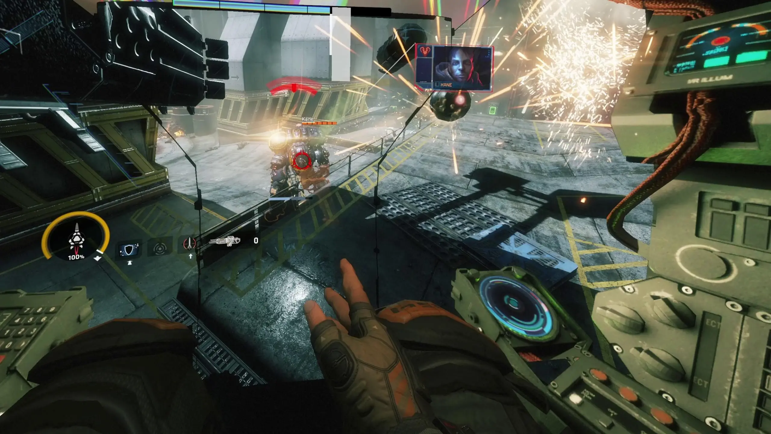 A view inside the Titan’s cockpit in the middle of a firefight, with explosions in the foreground, our missile launcher aimed to blast an enemy titan in the distance, and video comms floating on screen.