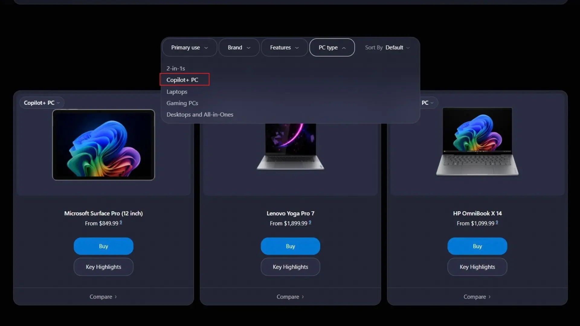 Microsoft's shop PCs page with Copilot+ PC as a dedicated PC type