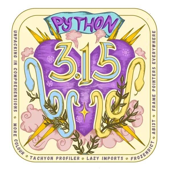 Python 3.15 logo: a purple heart with "3.15" in blue and yellow, flanked by a blue and a yellow snake, with lightning bolts, pink clouds and laurel branches, framed by the release's headline features