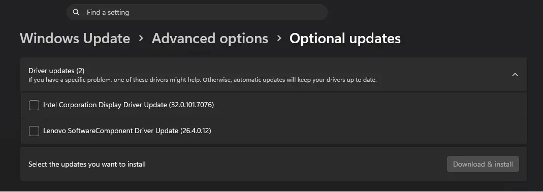 Optional driver updates listed in Windows 11 Settings