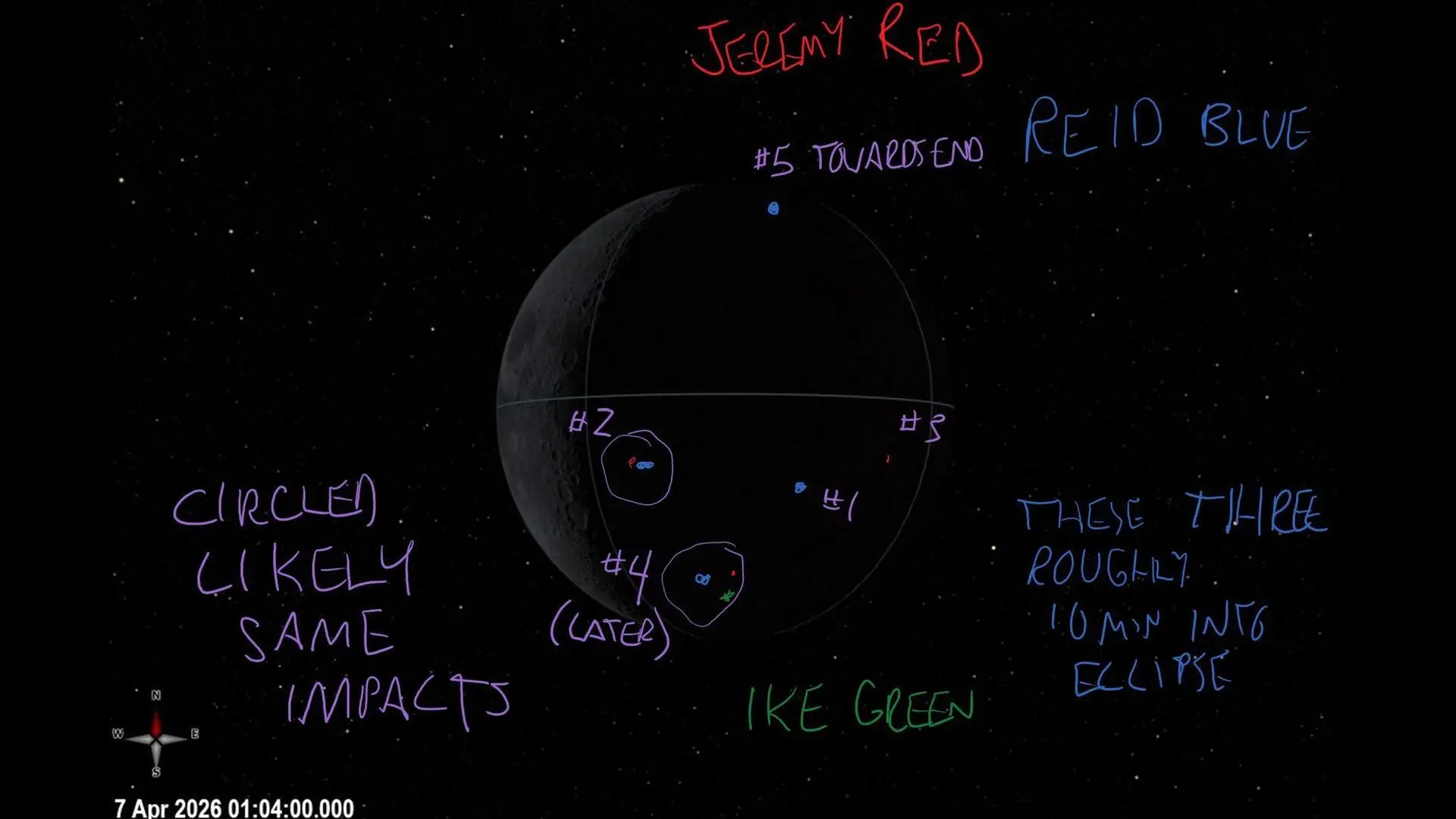 Crew annotated image of where impact flashes were spotted on the dark side of the Moon.