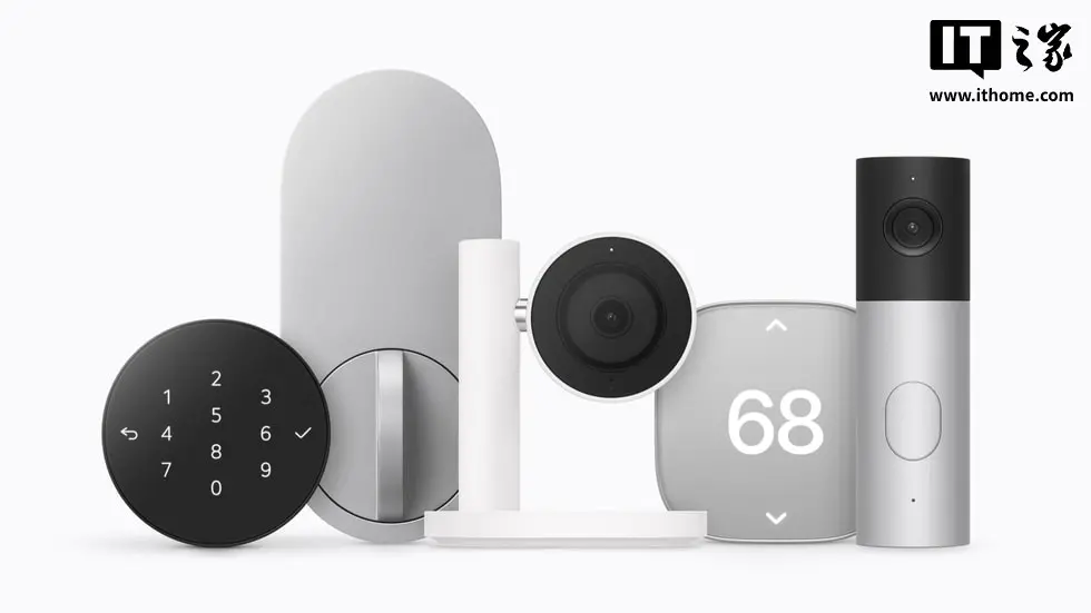 Apple Home Collection 配件展示包括 LG 电子智能死锁的门铃按键和内部锁机制、LG 室内摄像头和 LG 视频门铃,以及施耐德电气的智能恒温器。