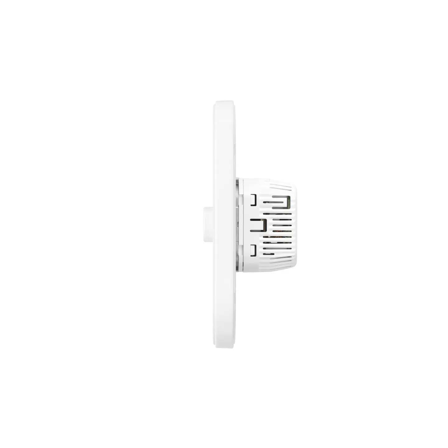 Schneider Home Power Mount PoE Wired, side exterior, white color, thin profile, raised USB-C connector, vented in-wall power module at back