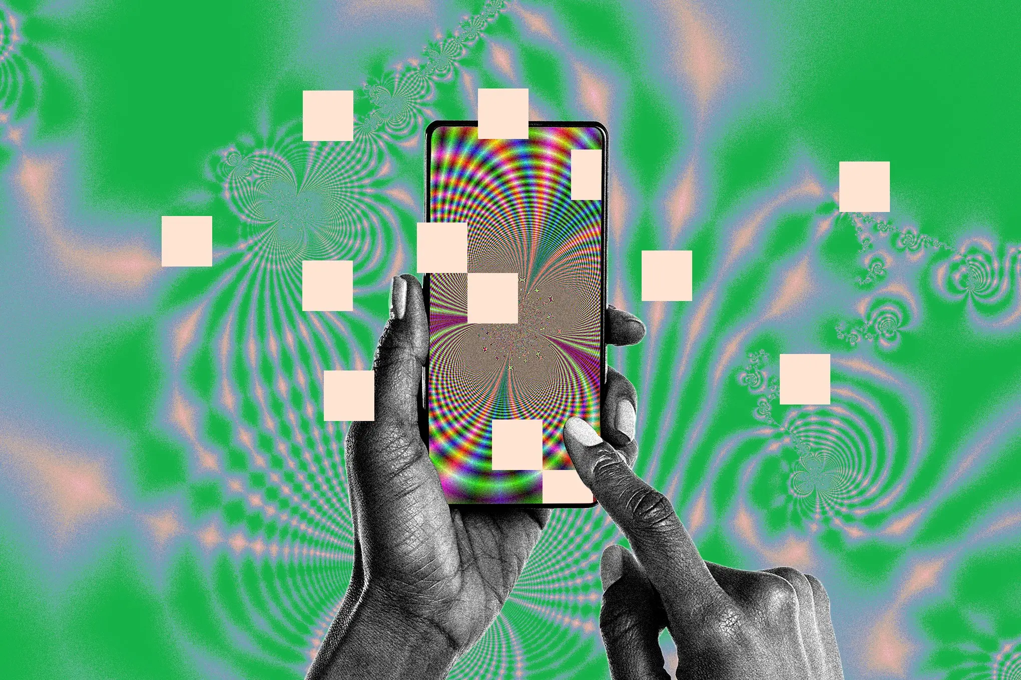 Person’s hands holding a phone screen with a trippy spiral background.