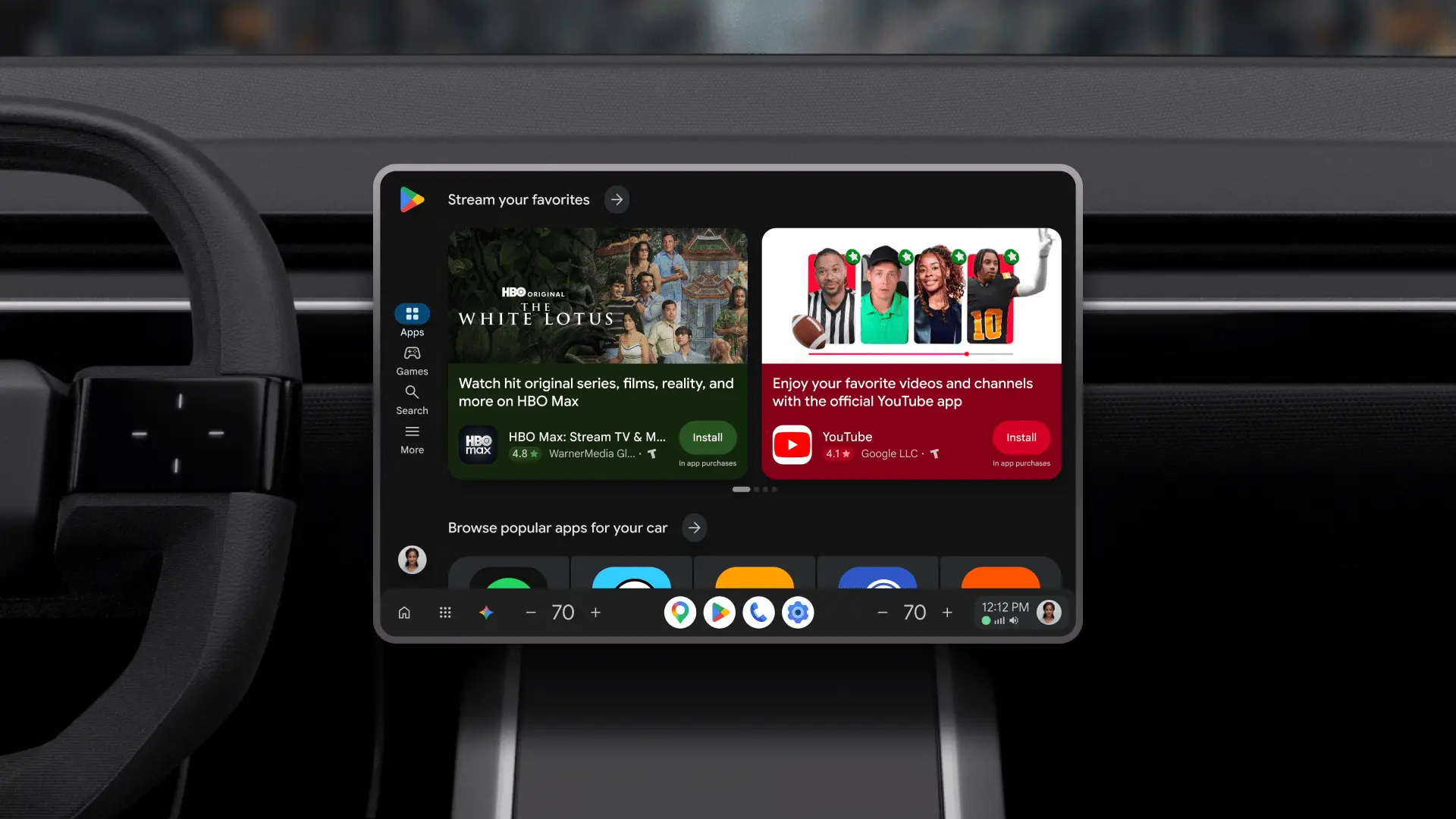 A picture of the Play Store on a car dashboard