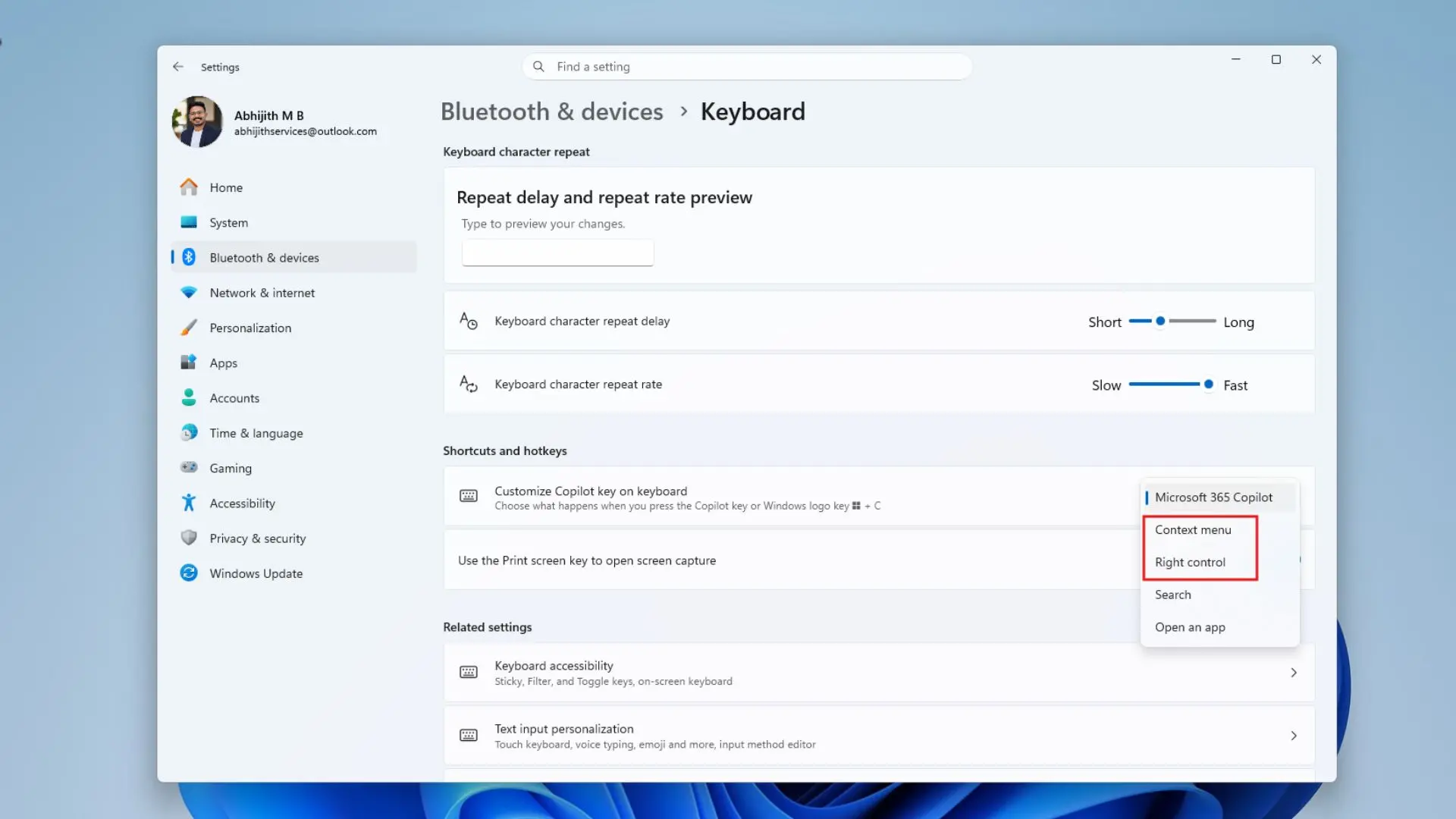 New option in settings that allows Copulot key to be customized to open Context menu or Right Ctrl