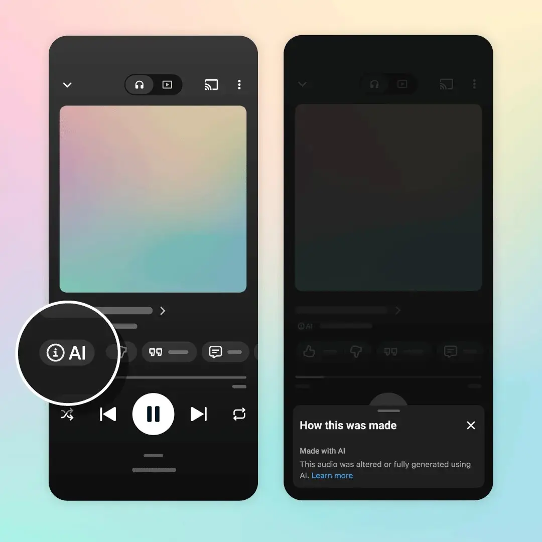Simulated screenshots of the YouTube Music app showing where the AI label and info will be