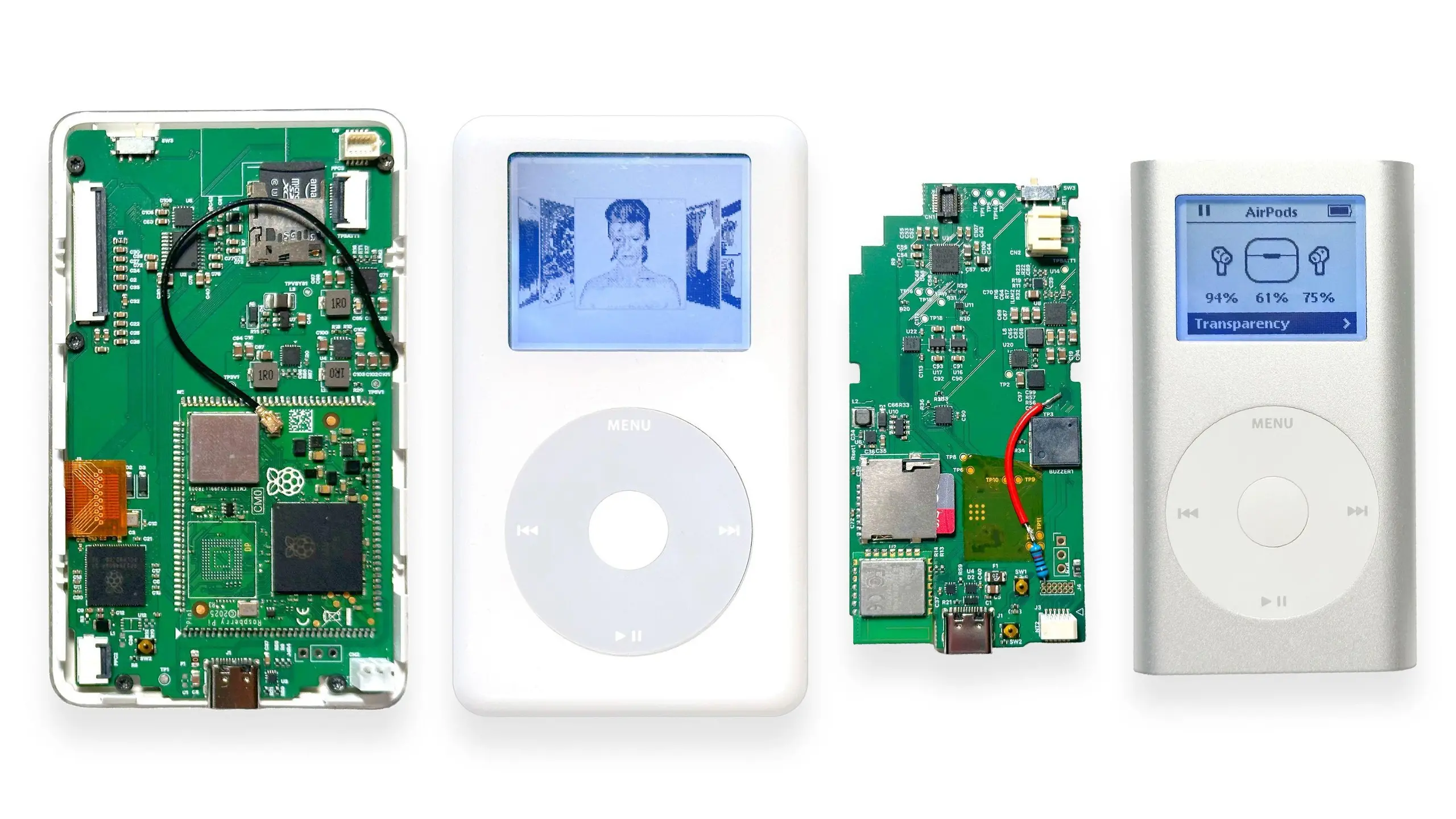 Sprout Pi and Sprout Pico replacement motherboards for iPods on a white table next to their respective iPods.