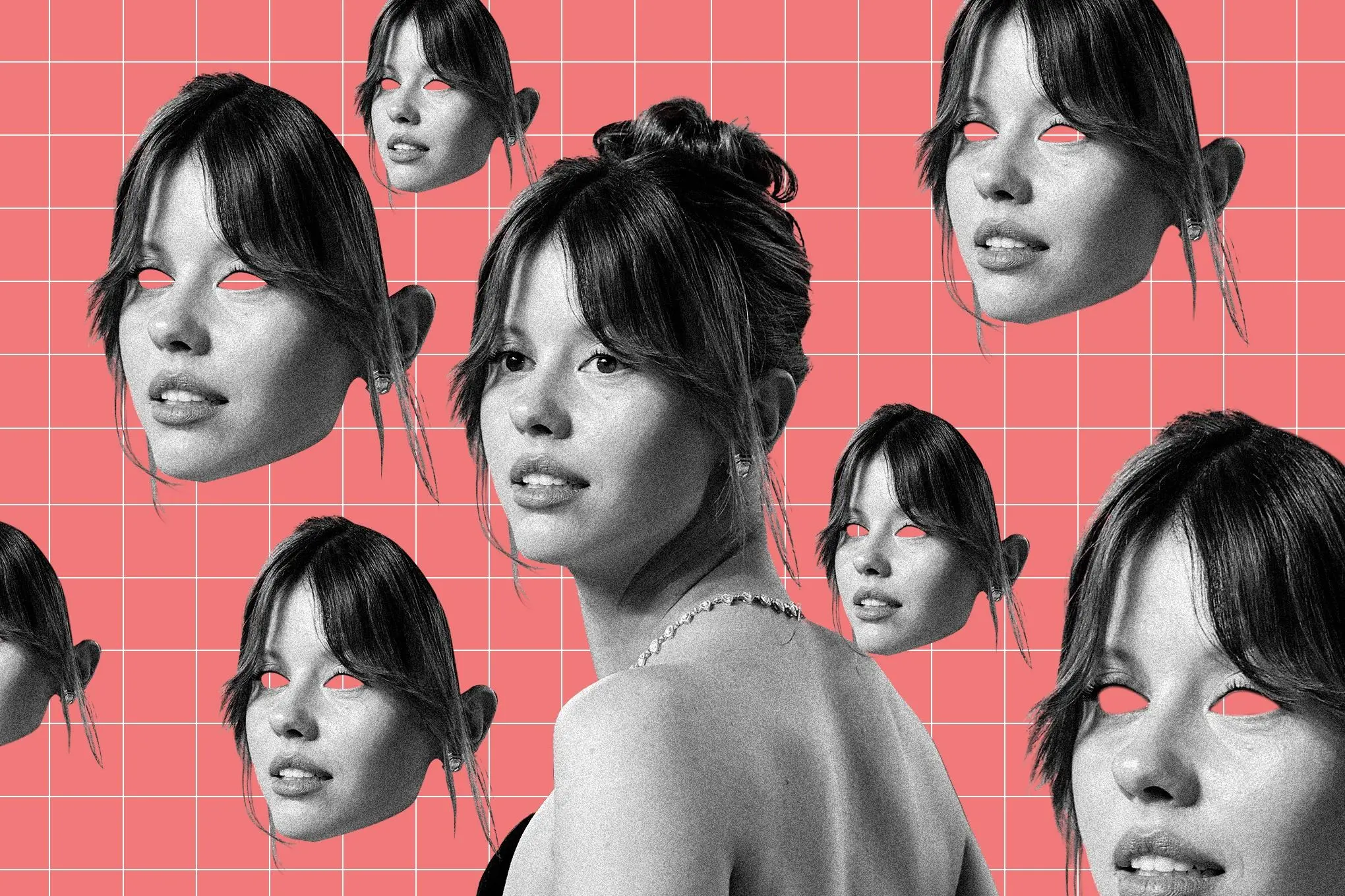 Actress Mia Goth surrounded by clones of herself.