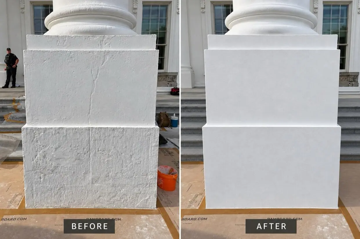 A before and after photo of a White House column that appears to be edited with AI