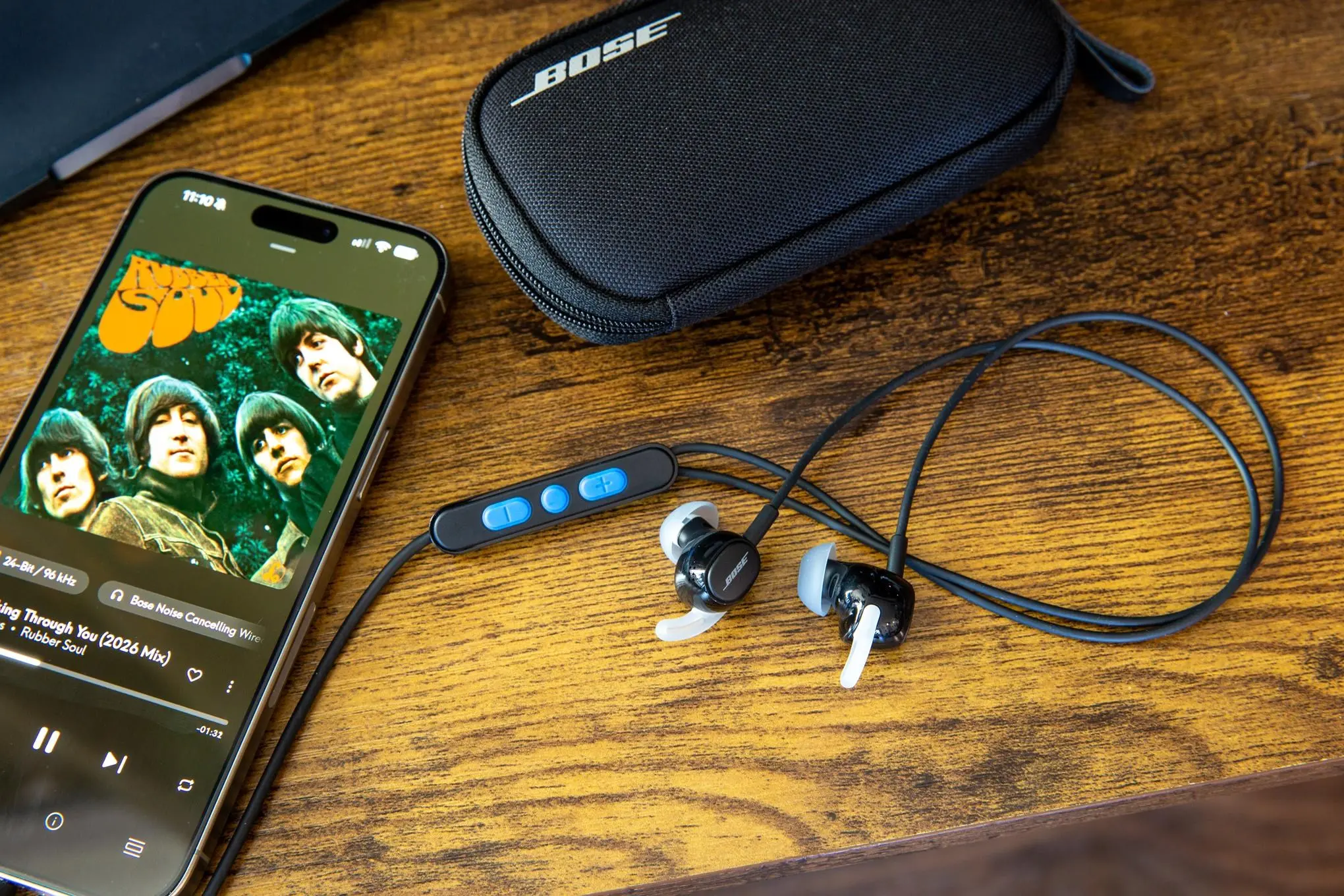 The Bose Noise Cancelling Wired Earbuds on a desk