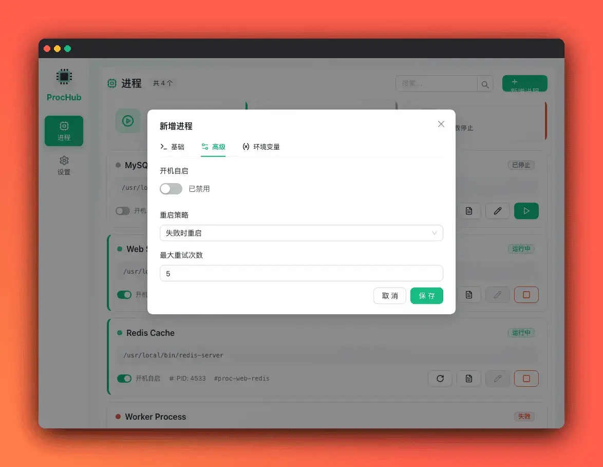 新增进程 - 高级设置